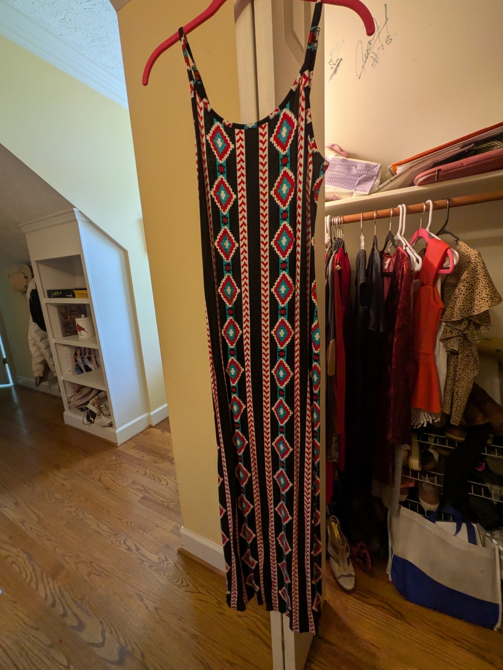 Forever 21 Black Maxi Dress with Teal & Red Geometric Print